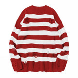 Riolio Autumn Winter Couple Stripe Sweaters Destroyed Ripped Sweater Men Pullover Hole Knitwear Women Oversized Fashion Harajuku Tops