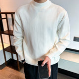 Riolio  New Korean Retro Men Basic Sweaters Luxury Knit Solid Color Mock Neck Long Sleeve Pullover Casual Textured High Quality Knitwear