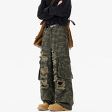 Riolio  Ripped Camo Jeans Men 2025 New Loose Straight Leg Denim Pants Outdoor Hiking Trousers Casual Comfort Street Style Fashion