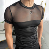 Riolio  Men T-Shirt Mesh Stitching Hollow Perspective T-Shirt Nightclub Sexy Thin Trendy Niche Short-Sleeved Top Men'S Clothing New