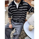 Riolio  New Japanese Striped Male Polo Shirt Trendy Loose V Neck Knitted Long Sleeve T-shirt Casual Lazy Sports Fitness Basic Tops M-3XL
