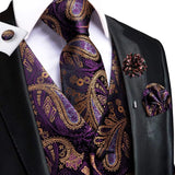 Riolio High Quality Silk Mens Vests Champagne Paisley Waistcoat Neck Tie Hanky Cufflinks Brooch Set for Men Suit Wedding Office