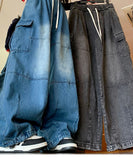 Riolio  Cargo Jean Loose Wide Leg Workwear Jeans Elastic Waist Men and Women Spring Autumn Faion Brand Waed Out Trousers Straight Cut