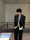 Riolio American Leather Jacket Retro Outfit Handsome High-end Men's Niche Shoulder Pad Suit Black PU Leather Jacket Chic Streetwear