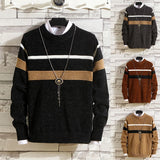 Riolio Autumn and Winter Sweaters Men's Round Neck Stripe Contrast Chenille Elastic Casual Versatile Solid Knit Pullover Top