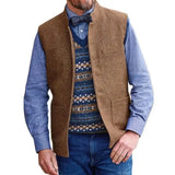 Riolio  Men Vest Brown Herringbone Single Button Stand Collar Waistcoat For Wedding Business Banquet Work Daily Casual Men Suit Vest