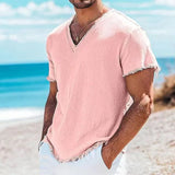 Riolio  Summer Fashion Men Cotton Linen Shirts Vintage Solid Casual Loose Tassel Tops V-neck T-shirts Short Sleeve Tees Shirts For Male