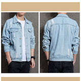 Men's Ripped Denim Jacket Tight Retro Distressed Water Wash Classic Pocket Design Coat Spring Autumn