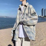 Riolio  Plaid Long-sleeved Shirt for Male Students Trendy Casual and Handsome Loose Shirt Jacket