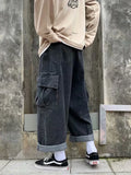 Riolio  Baggy Jeans Men's Oversize Streetwear Fashion Wide Leg Cargo Pants Hip Hop Harajuku Multi-Pocket Denim Trousers Black Blue