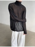 Riolio Sexy Perspective High-neck Long Sleeve T Shirt Men Women Net Yarn Bottoming Shirt Spring Summer Transparent Black Tee Shirts