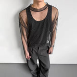 Riolio  Mens Lightweight Sheer Starry-Print Mesh T-Shirt Fashion Streetwear Clubwear Niche Sexy Outerwear Long Sleeve Top New
