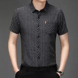 Riolio  Summer Men's Short Sleeve Silk Casual Wrinkle Free Striped Thin Shirt for Middle Aged