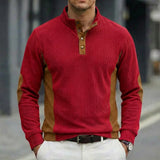 Riolio  Men's Ribbed Knit Long Sleeve Henley Shirt Stand Collar Contrast Color Splice Casual Top with Multiple Color Options