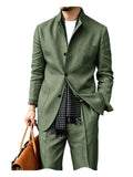Riolio  Men's Linen Blend 2 Piece Suit Set Stand Collar Three Button Breathable Casual Blazer Pants For Business Daily Wear Summer