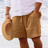 Riolio Men's summer cotton and linen shorts with drawstring elastic waist, straight legs, solid color, breathable daily beach capris