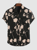 Riolio Shirts for Men Flower Printed Short Sleeve Turn-down Collar Shirt with Pocket Casual Streetwear Essential Tops