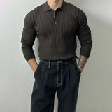 Riolio Mens Pullover Polo Korean Retro Stripe Temperament Ribbed Knit Top Autumn Slim Fit Long Sleeve Casual Trend Muscle Men's Clothes