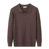 Riolio  New American Fashion Jacquarded Men Polo Sweater Light Luxury V Neck Knit Solid Color Long-sleeved Tops Premium Quality Knitwear