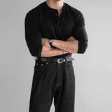 Riolio  New American Fashion Men Henry Collar T-shirt Light Luxury Solid Color Long Sleeve Tops Leisure Light Business Basic Shirt M-3XL