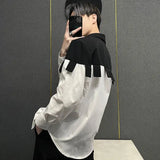 Riolio  Unisex Black White Color Block Shirt Long Sleeve Patchwork Button Front Shirt for Street Daily Wear