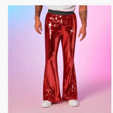 Riolio  Men's Shiny Metallic Sequin Flared Pants Disco Party Bell Bottom Trousers Elastic Waist Sparkly Nightclub Costume