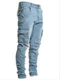Riolio Jeans Men Pants Wash Solid Color Multi Pockets Denim Mid Waist Cargo Jeans Plus Size Fahsion Casual Trousers Male Daily Wear