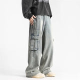 Riolio  Spring and Autumn Street Couple Loose Retro Straight Tube Multi Pocket Washed Jeans for Men and Women Loose Hip Hop Casual Pants