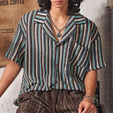 Riolio  Vintage Turn-down Collar Striped Knit Shirts Men's New Casual Button-up Cardigans Men Fashionable Short Sleeve Knit Slim Shirts