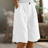 Riolio  Women's Fashion Solid Color Pants Pocket Button Up Capris Loose Elastic Waist Cotton Linen Shorts Pants for Women Women’s Pants