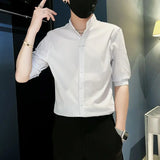 Riolio  Striped Shirt New Men Summer Casual Thin Stand-up Collar Cardigan Five-sleeved Top