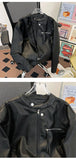 Riolio American Retro Pattern PU Leather Short Jacket Men Women Vintage Deconstructed Atmosphere Casual Couple Trendy High-end Jacket