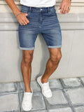 Riolio  Men's slim-fit blue denim shorts with cuffed hem, blending casual and trendy styles into a versatile and fashionable piece