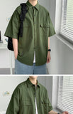 Riolio Working Pocket Solid Color Pure Cotton Short-sleeved Shirt Fashionable Summer Lapel Button Functional Half-sleeved Cardigan