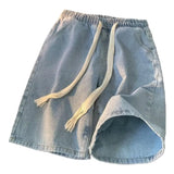 Riolio Men Wide-leg Denim Shorts Men's Quick-drying Denim Beach Shorts With Elastic Drawstring Waistband Pockets Summer Wide Leg Shorts