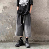 Riolio  High Street Trendy Gradient Jeans Men Summer Thin Elastic Waist Drawstring Pockets Loose Casual Denim Wide Leg Calf Length Pants