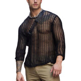 Riolio  Sexy Fashion Style Tops Handsome Men's Hollowed Slightly Perspective T-shirt Leisure Club wear Thin Long Sleeved Camiseta