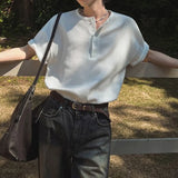 Riolio New Fashion Korean Style Men T-shirt Light Luxury Henry Collar Tops Casual Loose High Quality Solid Color Half Sleeve Tees M-2XL