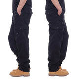 Riolio  Men Multi Pocket Cargo Pants Drawstring Cuff Straight Leg Workwear Trousers Washed Casual Pants