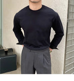 Riolio  New Autumn Fashion Men T-shirt Light Luxury Solid Color Long Sleeve Tops Leisure Streetwear Casual O Neck Basic Shirts M-3XL