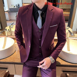 Boutique Solid Color Men's Casual Office Business Suit Three and Two Piece Set Groom Wedding Dress Blazer Waistcoat Trousers