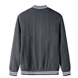 Riolio  Men's Cable Knit Varsity Jacket Striped Collar Cuff Button Down Baseball Bomber Jacket Casual Knit Cardigan Coat