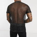 Riolio Men's Short Sleeve Mesh T Shirt Sheer Slim Fit Shiny Sexy See-through Party Nightclub Thin Breathable Clothing Leisure Tees
