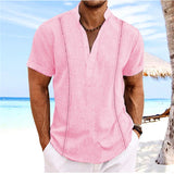  Summer New Men's Short Sleeve Henri Collar Solid Color Cuban Guayabera Cotton Shirt Fashion Trend Beach Men's Top