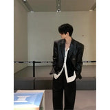 Riolio American Leather Jacket Retro Outfit Handsome High-end Men's Niche Shoulder Pad Suit Black PU Leather Jacket Chic Streetwear
