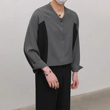 Riolio  Men Color Block Spliced Stand Collar Shirts Wrinkle Texture Loose Oversized Long Sleeve Designer Casual Button Down Blouse M-2XL