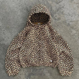 Riolio Leopard Print Plus Velvet Hooded Sweater American Retro 90s Lined With Plush Winter Warm Zipper Shirt Oversized Unisex Clothing