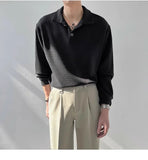 Riolio New Trendy Waffle Men Polo Shirt Leisure High Quality Solid Color Long Sleeve T-shirt Korean Fashion Autumn Loose Basic Shirts
