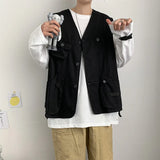 Riolio  Pure Cotton Summer Men New High Street Multiple Pockets Solid Color Workwear Coat Loose All-match Kam Shoulder Sleeveless Tops