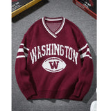 Riolio  Vintage Sweater Y2K Knitted Letter Patchwork Racing Sports Jumper Streetwear Hip Hop Casual Baggy V-Neck Long Sleeve Pullover